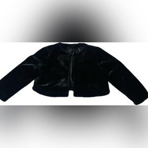 BCBG Black Faux Fur Satin Lined Bolero Shrug Jacket